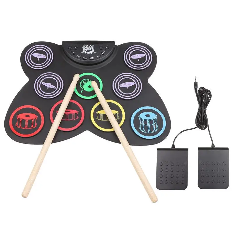 YIZHI Electronic Roll Up MIDI Drum Kit Electric Drum Pads Foot Pedals Drumsticks Power Supply Tabletop Roll Up Drum Set For Kids