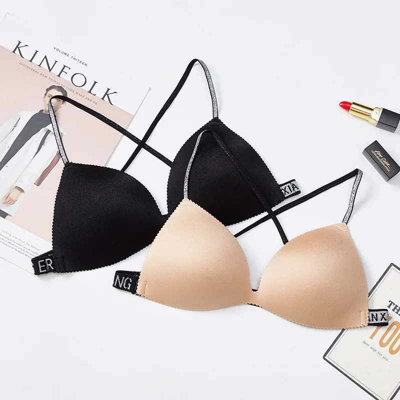 Fashion Letter Pattern Spaghetti Straps Wife Free Bra One-piece Pullover Push Up Gathered Women Bra Cross Back Design