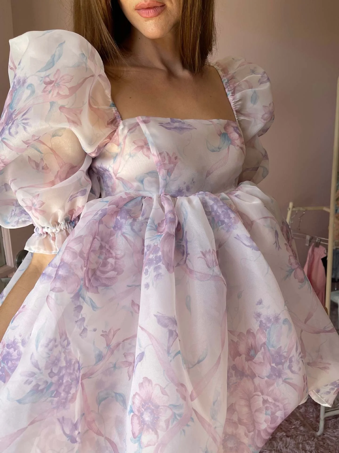 2022 Hot Sale Women Cheap Elegant Flower Printed Organza Mini Dress Ins Hot Young Girls Puff Sleeve Purple Princess Cute Dresses