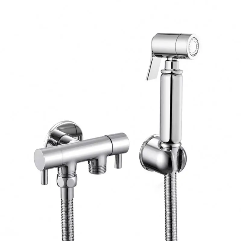 GEE-N One in Two Out 3 Way Angle Valve Silver Muslin Toilet Spray Modern Shattaf Set