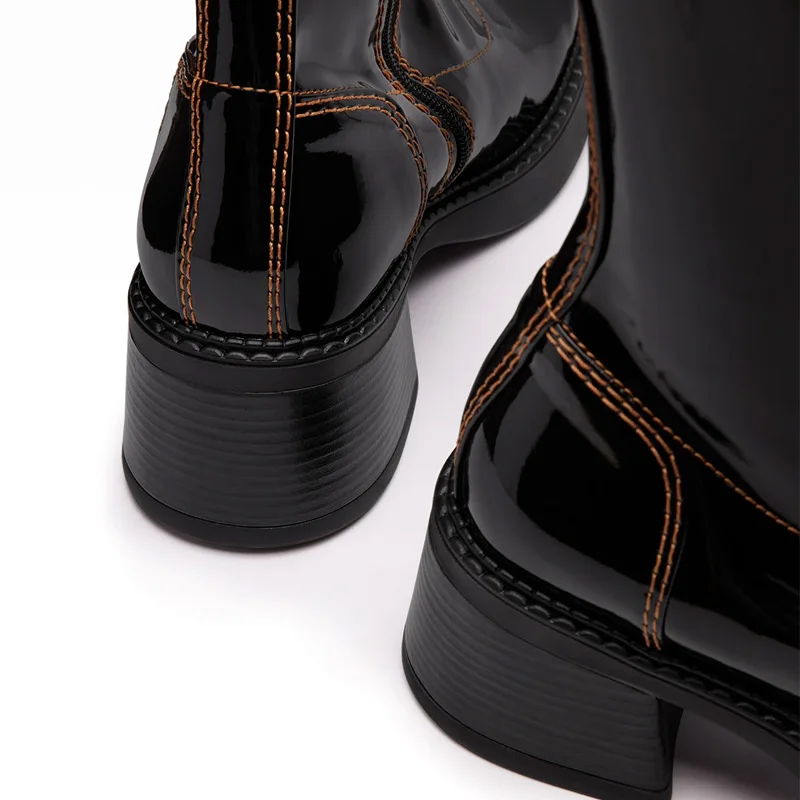 Custom Shiny Midi Boots Manufacturer Patchwork Design Rubber Sole Patent Leather Boot Custom Patent Leather Midi Boots For Girls