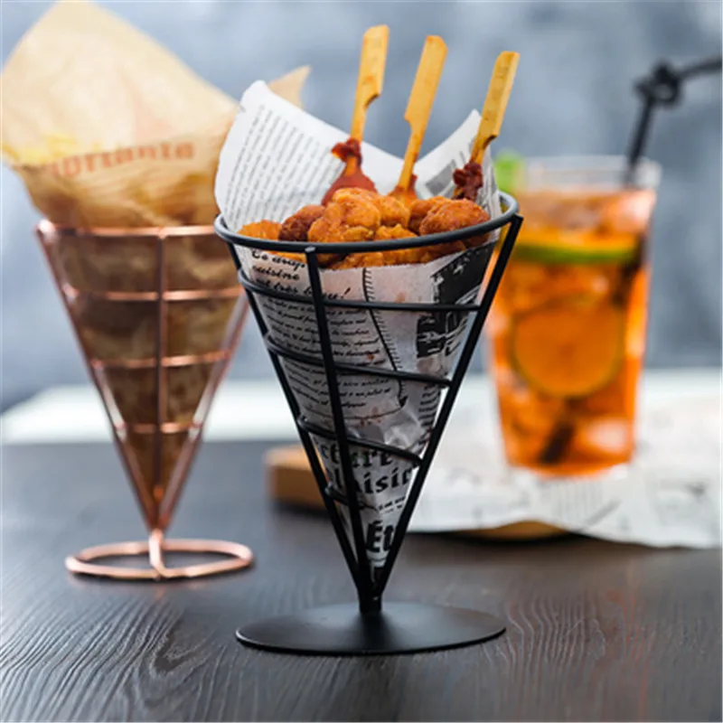 
Food Grade Metal Food Cone Snack French Fry Prawn Holder With Condiment Stand 