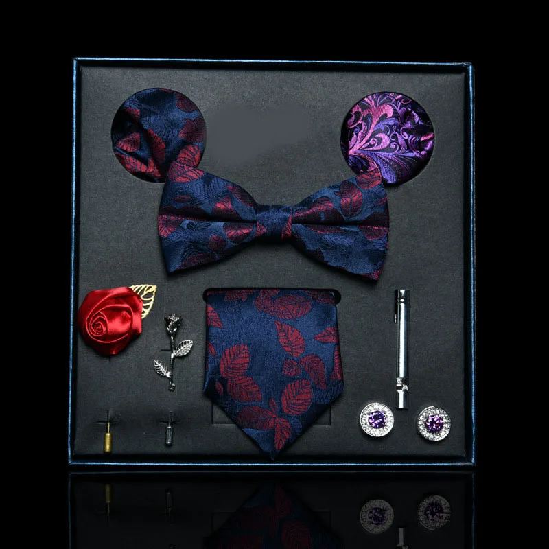 Genya Business Formal Party Bow Tie Set Multi-style Bow Tie Pocket Square Cufflinks Suit Gift Box