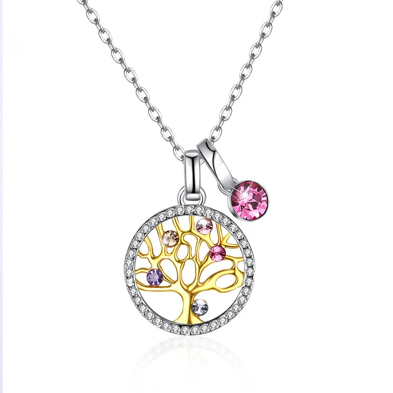 Creative S925 Sterling Silver Necklace Fashion Tree Of Life Family Crystal Pendant Clavicle Chain Jewelry