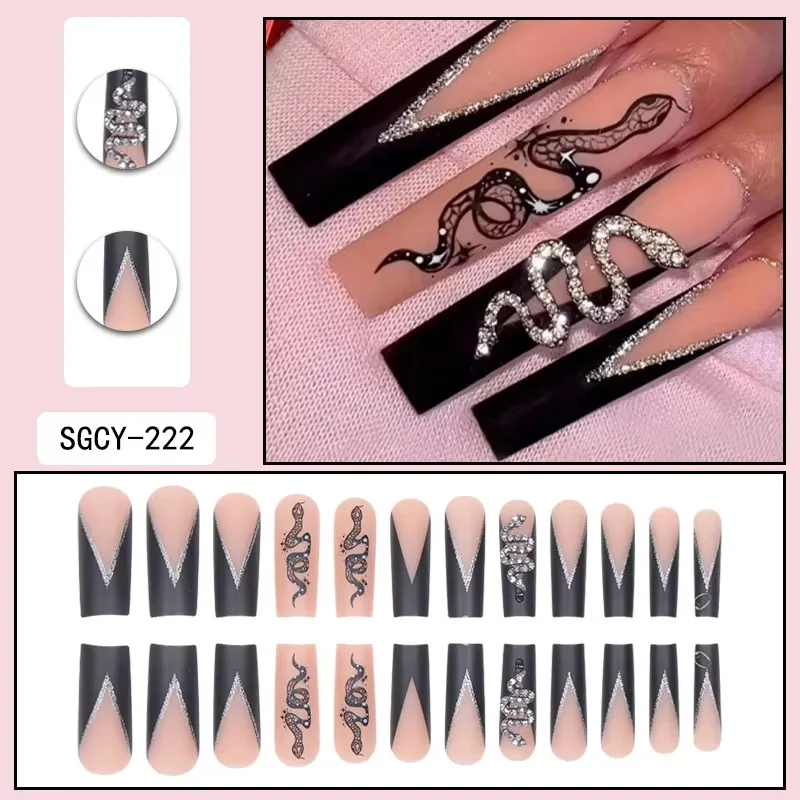 24pcs Girls Full Cover Long False Nails French Tip Square Press on Nail Stickers with Charm Bow Camellia Designs 24PCS 3D