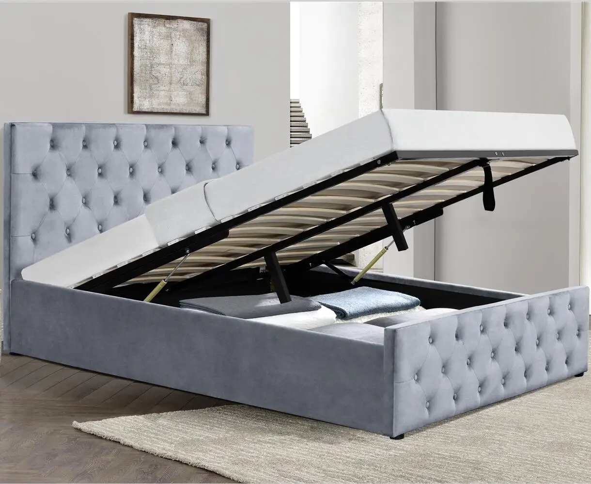 Hot Selling Cheap Price Headboard and footboard Buttons Tufted Velvet Fabric Storage King Bed