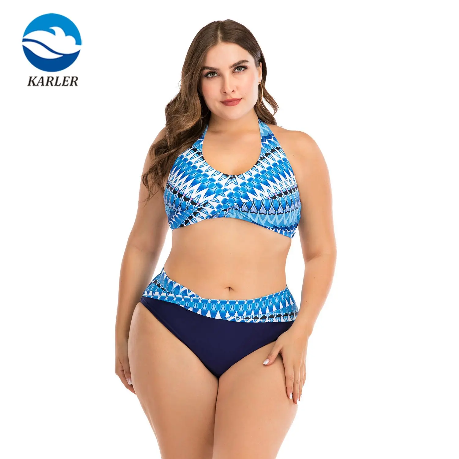 High End Female Swimwear Blue Mid Rise Retro Halter Wrap Tie Back Two Piece Woman Plus Size Bikini