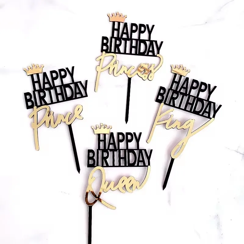 Personality Happy Birthday Cake Topper-Acrylic King Queen Crown Cake Insert Decoration for Birthday Party and Holiday Supplies