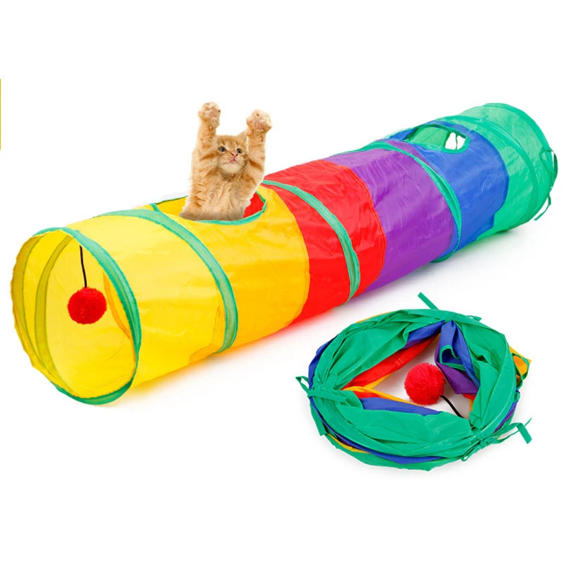 Funny 3 Colors Interactive Foldable Pet Channel Toy Durable Cat Play Tunnel Tube With Plush Ball