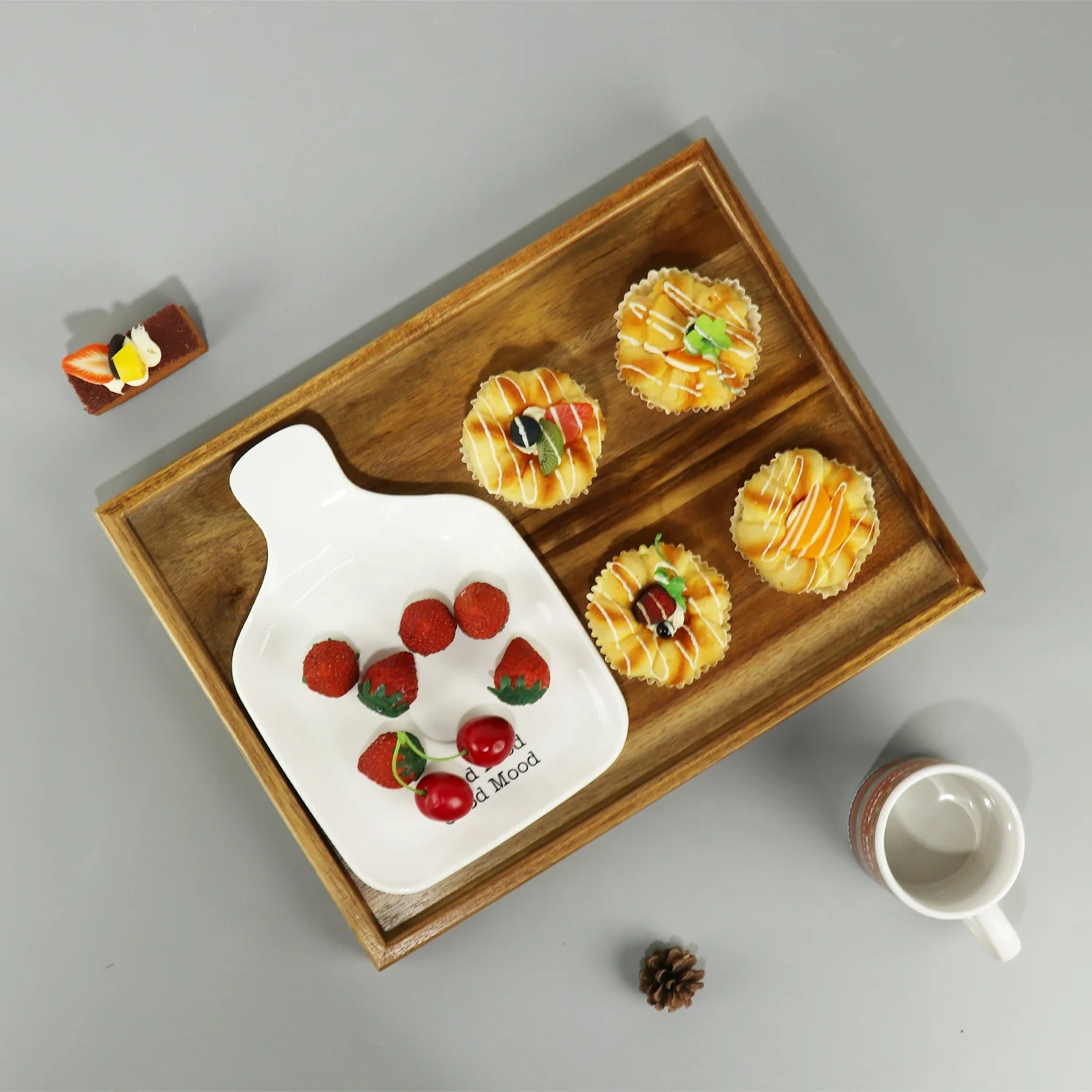 wholesale custom rectangle wooden tea tray acacia wood coffee serving tray wooden fruit baskets stackable bamboo storage box