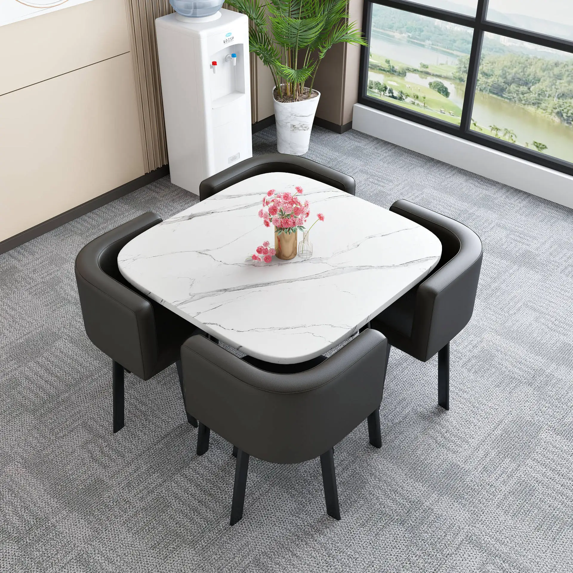 Small 4 Seat Black Round Marble Mirror Metal Glass Top Dinning Tables Chairs Set Restaurant Dining Tables And Chairs Set