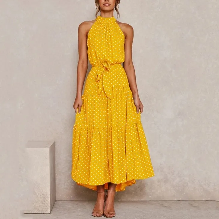 New 2021 Summer Vacation Clothes Yellow Long Dress printing Polka Dot Casual Dresses Sexy Halter Strapless Sundress For Women