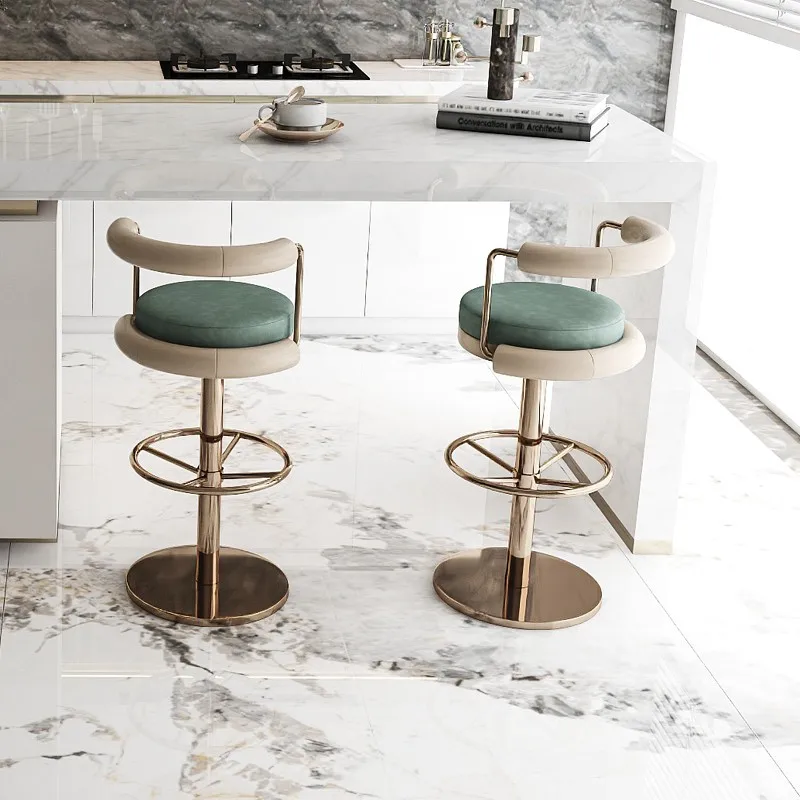 Polished Stainless Steel stationary meta foot Pedal Golden wooden High back Bar chair stool upholstered velvet fabric cushion