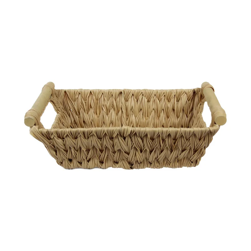 Wholesale Hand-woven Water Hyacinth Storage Tray Baskets With Wood Handles