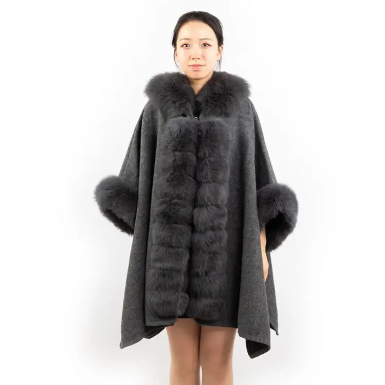 
Wholesale Elegant Grey Hooded Cashmere Poncho with Real Fox Fur Trim Fashion Women Fur Cape  (62324815891)