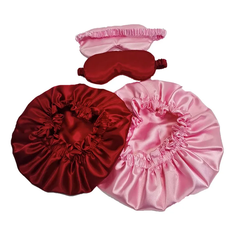 Elastic Imitation Silk Bonnet Satin Eyemask Set Adult And Children Size Gift Set
