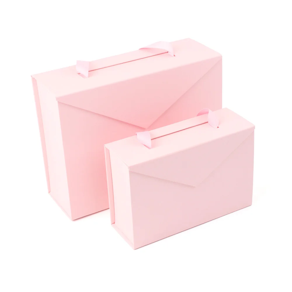 RTS ribbon handle pink rigid paper cardboard packaging magnetic folding  paper mothers day wedding magnetic luxury gift box