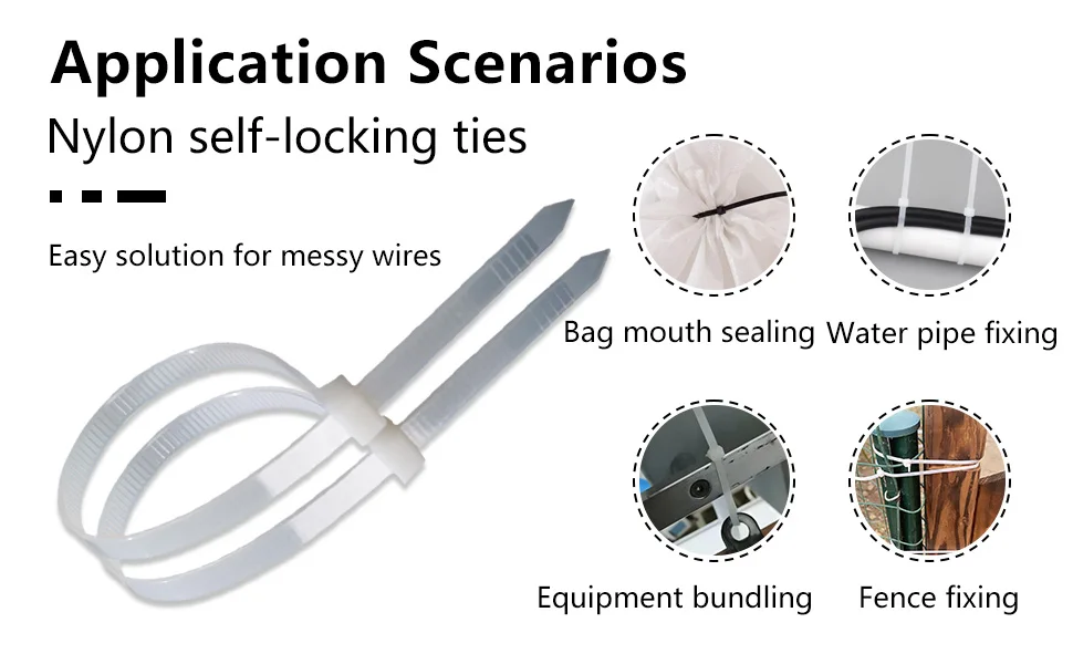 4.8*300mm White 100Pcs Pack Self-locking Nylon Cable Ties Plastic Cable Ties Zip Ties Wraps Never Break