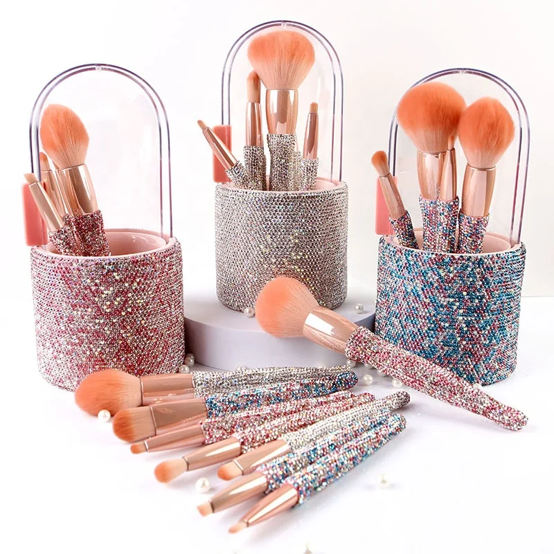 8 pcs Wholesale rhinestone Diamond Makeup Brush Set private label Eyeshadow Brush Beauty Makeup Storage Bucket for women