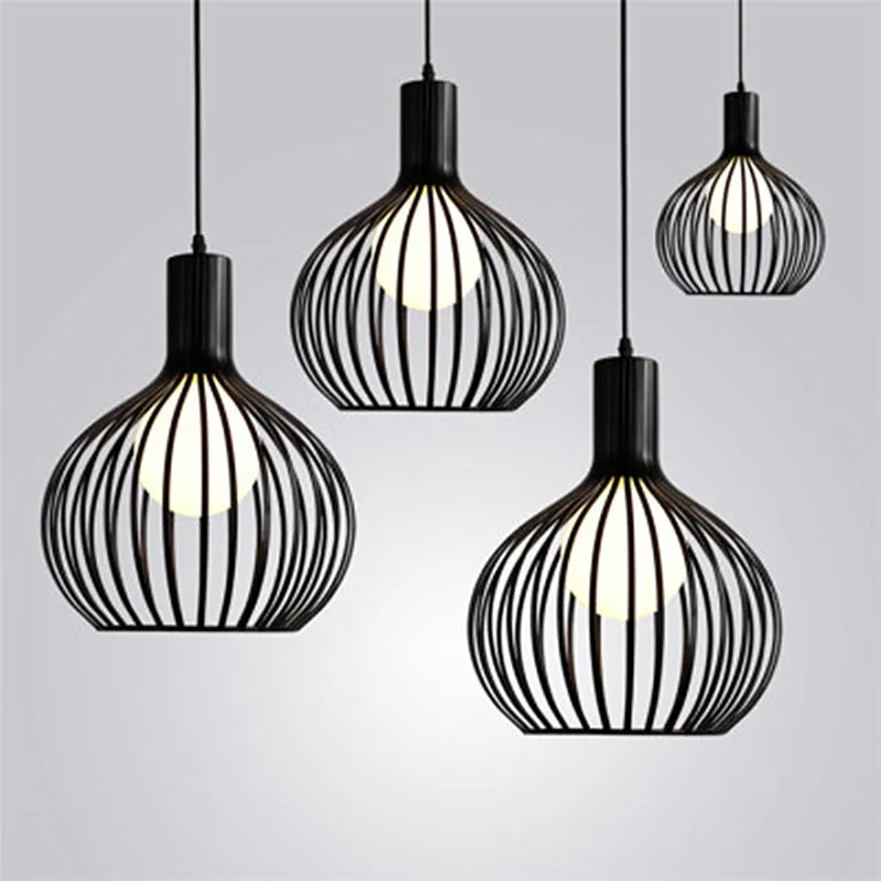 Nordic simple wrought iron bird cage lamps restaurant bar hot pot shop mesh single head black and white chandelier
