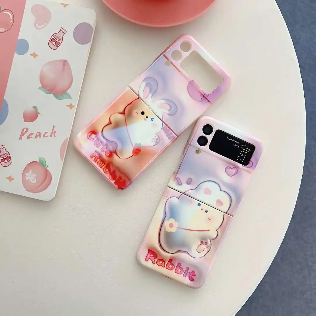 New Cute Cartoon 3D Rabbit Phone Case For Samsung Z Flip 4 3 Case Cute Girl PC Silicone IMD Phone Case For Huawei P50 Pocket