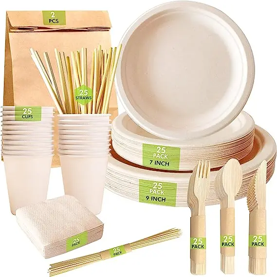 Wholesale  Disposable cutlery  Recycled Paper Plates Cutlery Biodegradable Dinnerware Set for Party Picnic