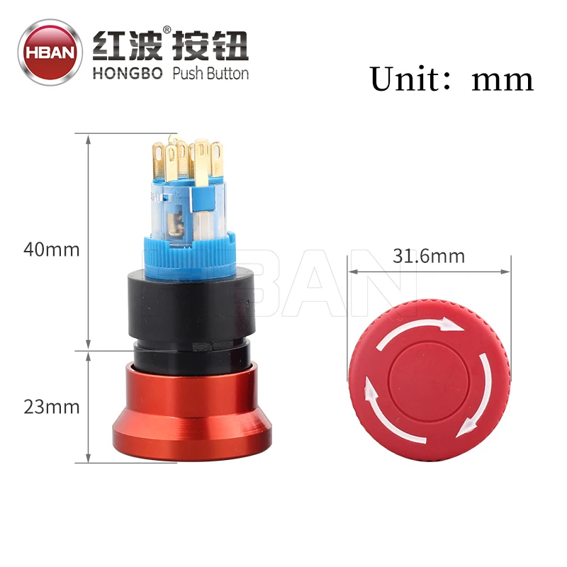 hban 22mm Zinc alloy 1no1nc self-locking dot illuminated emergency e-stop button