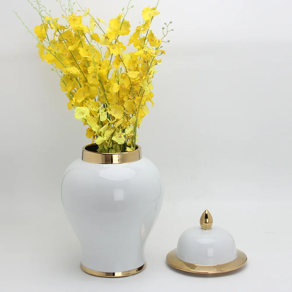 Оптовая продажа, большая декоративная белая и Золотая банка имбиря для дома и отеля, керамическая ваза с крышкой