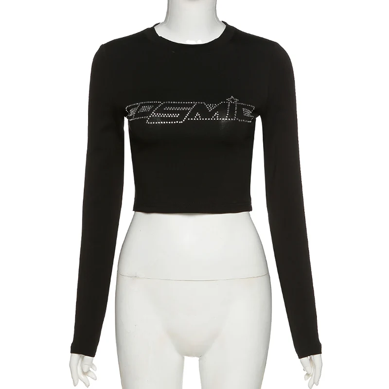 Wholesale Custom Logo Bling Fashion Long sleeve Vintage Women Rhinestone Crop Top T-Shirt
