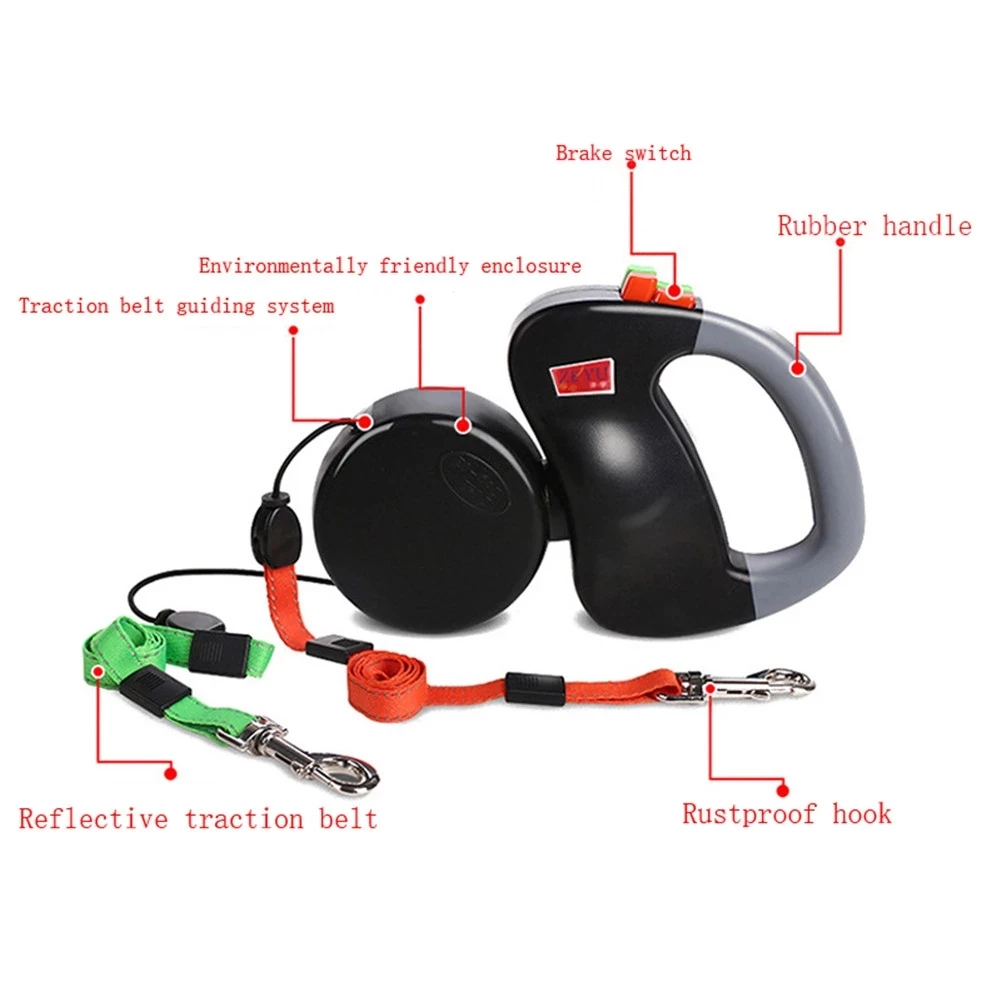 One Tow Two Anti-winding Traction Rope Double Dog Chain Double-headed Automatic Retractable Dog Traction Rope