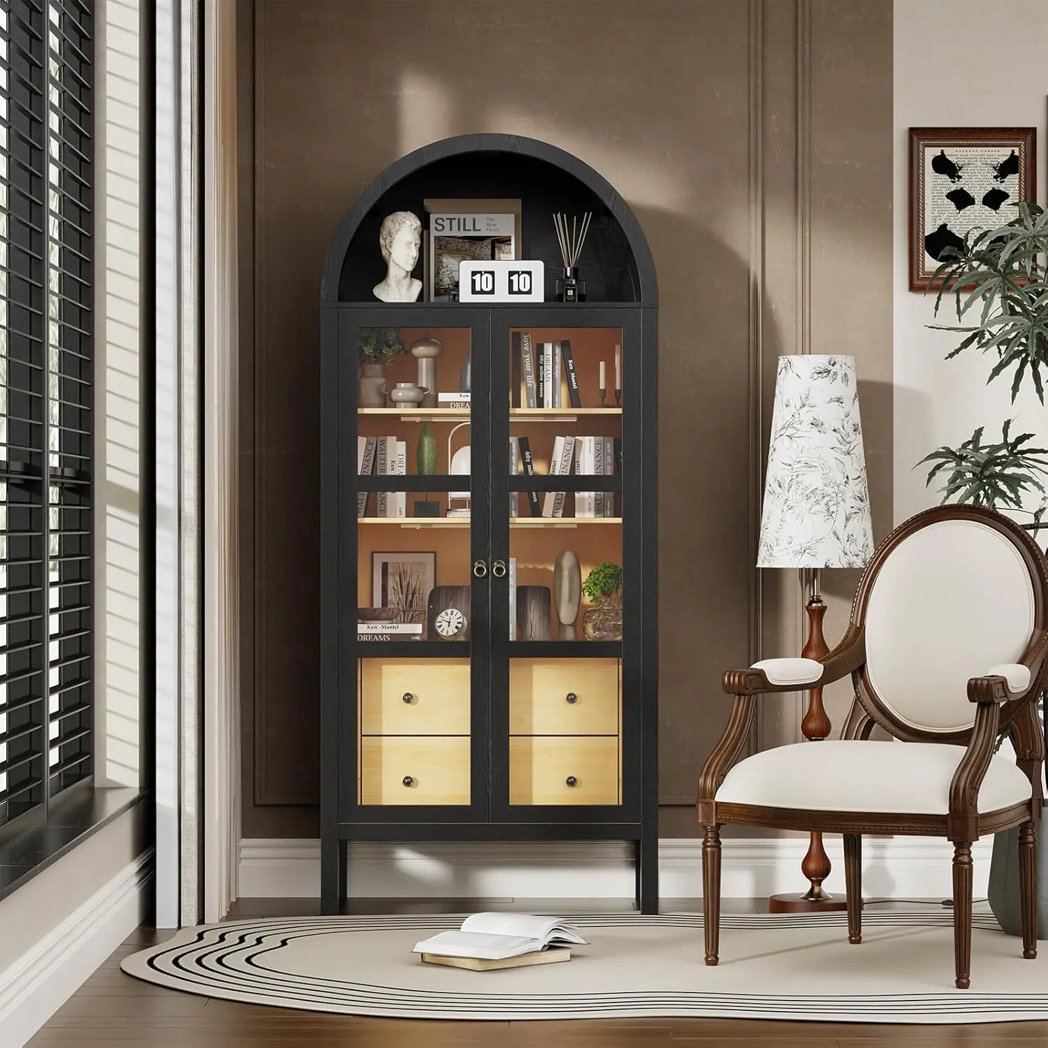 Arched Sideboard Display Bookshelf Storage Cabinet with LED Light Glass Doors Height Adjustable Shelf and 2 Drawers