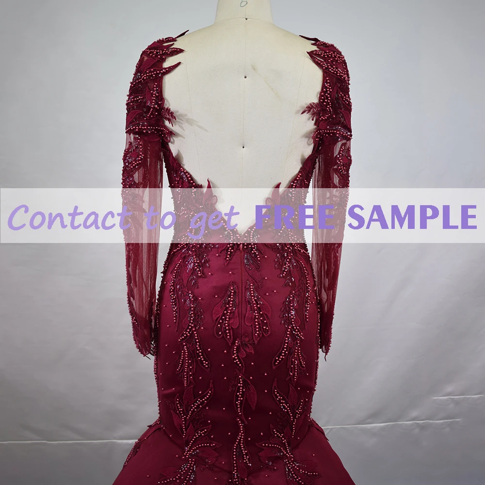 TEENYEE  Elegant Red Detachable Sleeves Satin Lace Beaded Wedding Dresses Mermaid Backless Evening Prom Gowns