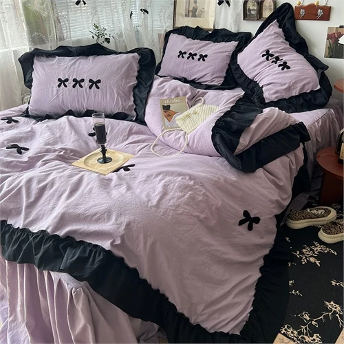 French Style Lace Bow Towel Embroidery Solid Color Washed Cotton Four Piece Set Bedding Set