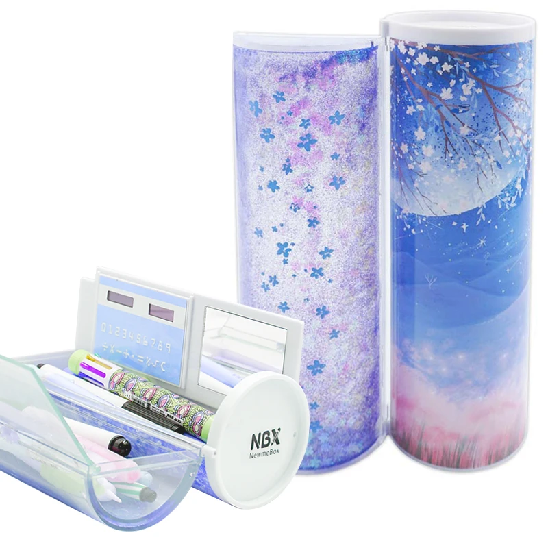 Newmebox Purple Sukura Cartoon Pencil Case Large Capacity Creative Glitter Pencil Box With Calculator And Mirror For Girls