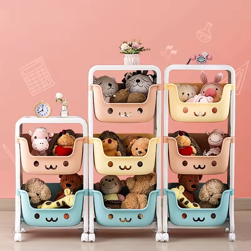 China Gold Supplier Movable 1-4 Layer Cartoon Smile Toy Organizer Trolley Plastic Kids Storage Rack With Wheels