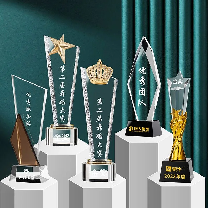 High grade crystal series trophy Customized creative lettering enterprise competition Blue Home decoration glass crystal trophy