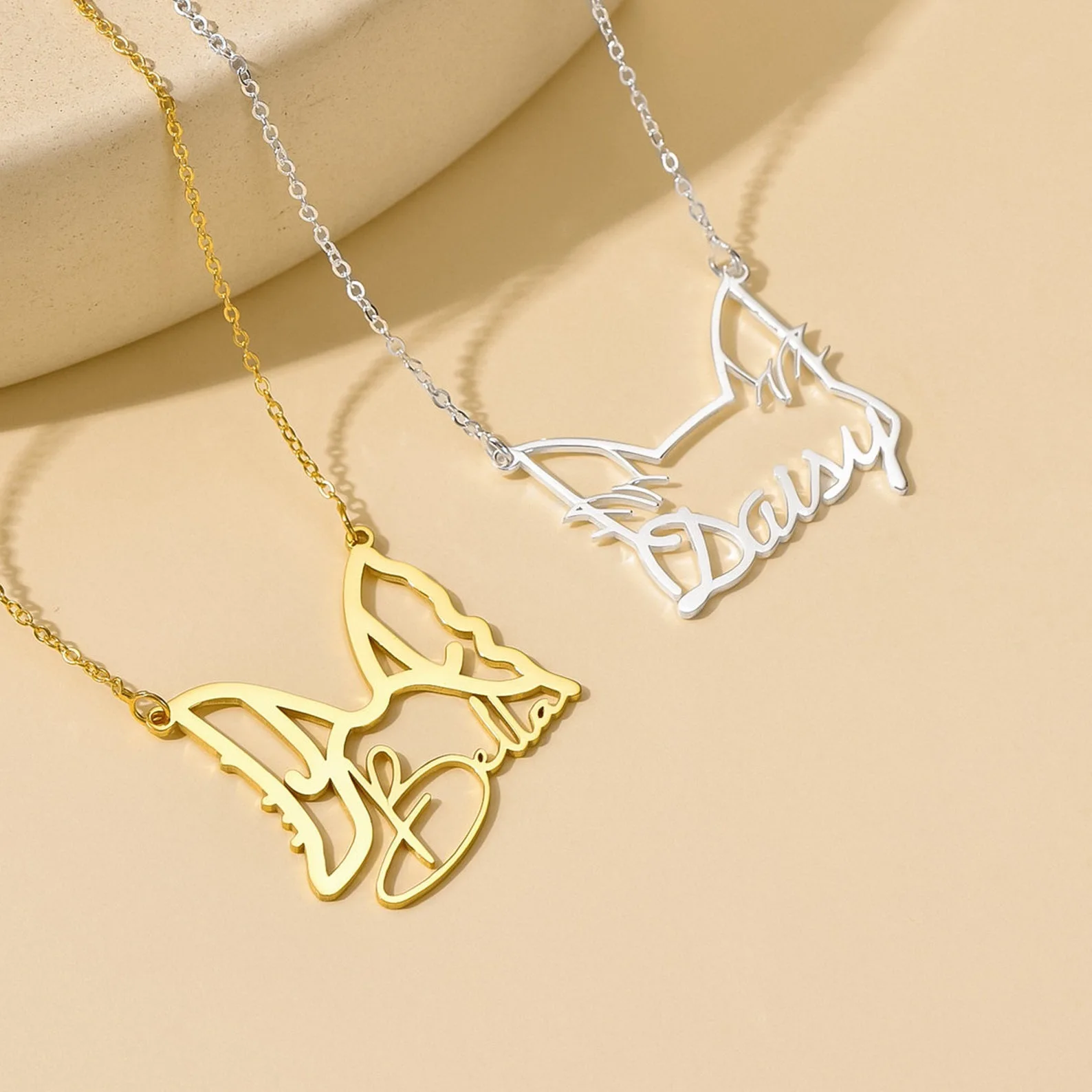 Customized Stainless Steel Name Engraved Cat and Dog Ear Pendant Necklace