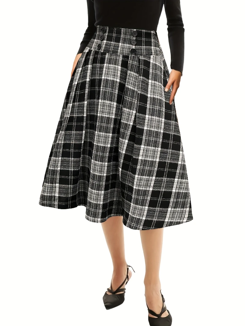 OEM Vintage Swing Elastic Plaid Print High Waist Buttons Decorated A-Line Mid Womens Plaid Retro Knit Flare Skirts