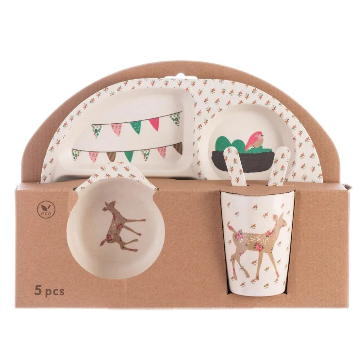 Vajilla infantil en fibra de bambu melamine kids cultery set, set of 5 gift package melamine bamboo fiber dinnerware set kids