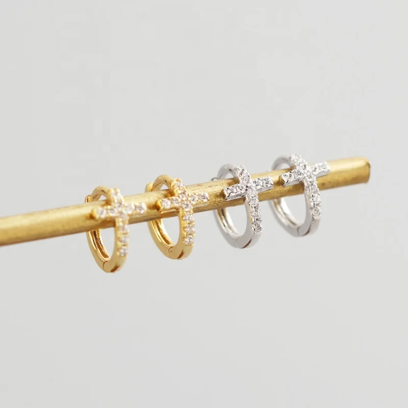 Zirconia Earrings Religious Cross Shaped Trendy Young People Hoop Earrings Diamond Set 925 Silver Gold Plated Earrings