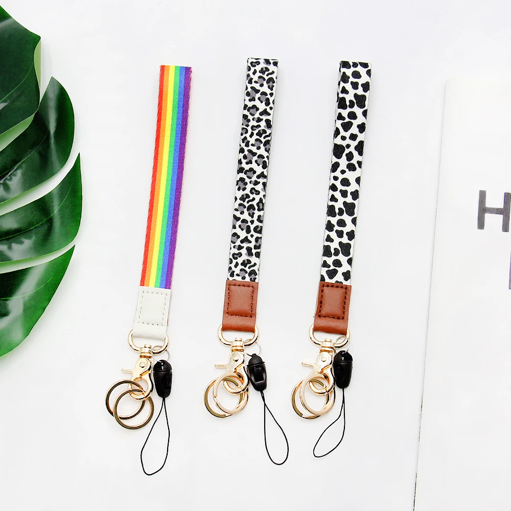 Custom Printed Luxury Hand Strap Wrist Embossed Leather Id Phone Lanyard Wristlet Key Chain Keychain