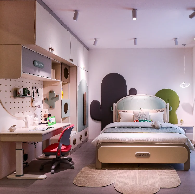 For Sale  Factory New Child Solid Wood Frame With Leather Padding Twin Simple Design Modern Single  Girls Princess Kids Bed