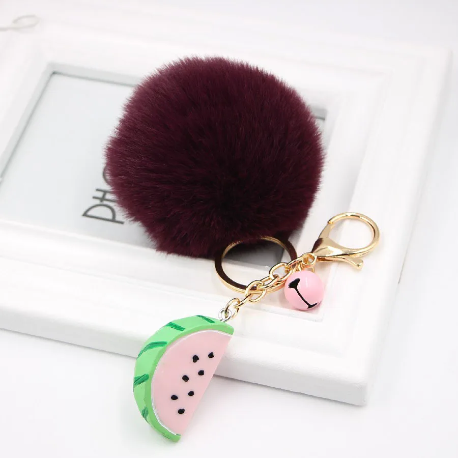 Kawaii pom Pom Key chains Fake Rabbit fur ball key chains pompoms de fourrure fluffy Bag Charm Pendant decor watermelon keychain