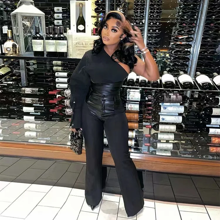 Sexy black leather patchwork two pieces pants set with oblique shoulder long sleeve crop top and straight-leg pants