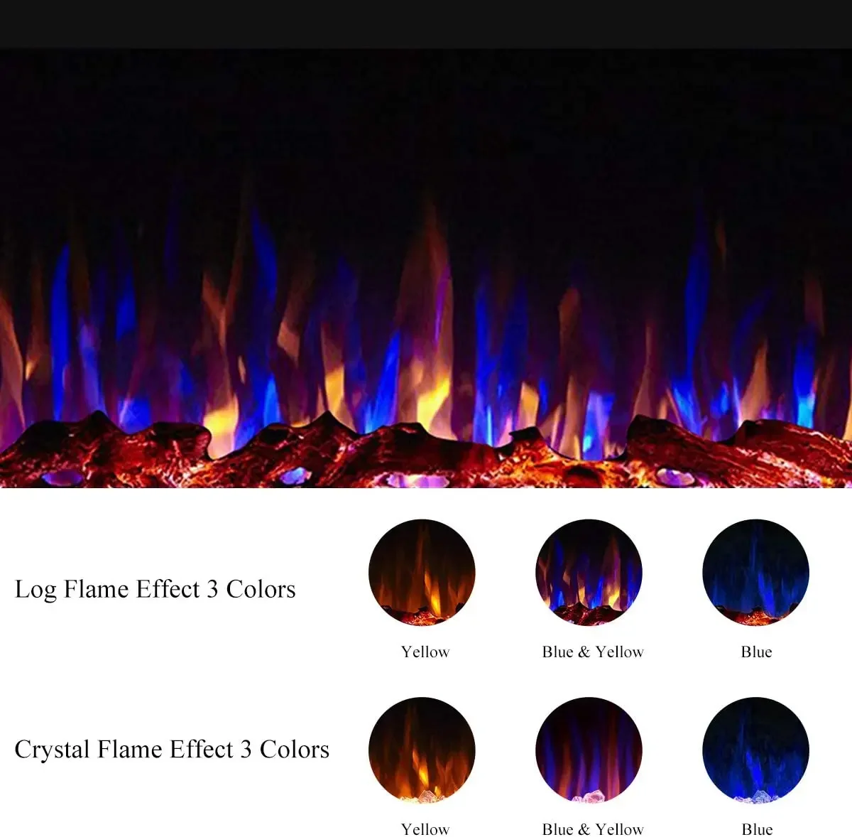 Декоративный домашний электрический камин Dreamflame 72 дюйма с нагревательным электрическим камином и разноцветными кристаллами