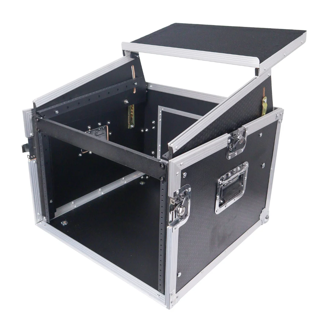 Factory Custom Aluminum Vertical Rack Mount Flight Case with for Mixer Combo Amp Rack with Laptop Shelf and Wheels