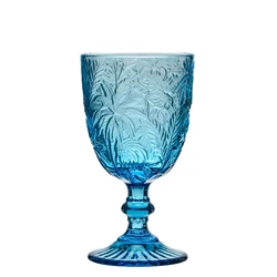 Wholesale Vintage Retro Coconut Tree Embossed Pressed Goblet Blue Pink Green Colored Glassware Cup Wine Glasses