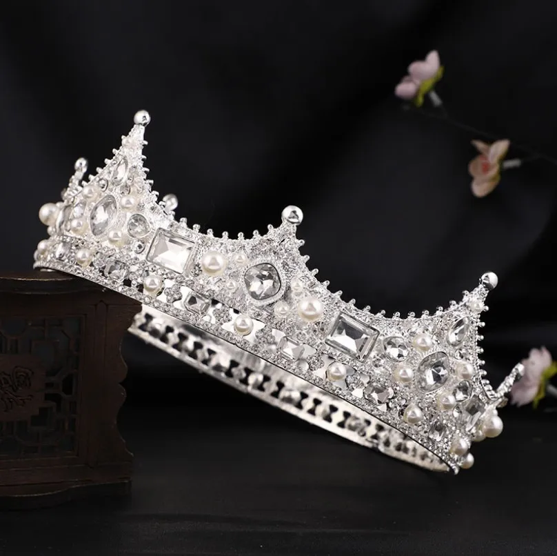 16cm baroque luxury round tiara jewelry rhinestone vintage crown diamond king queen crown