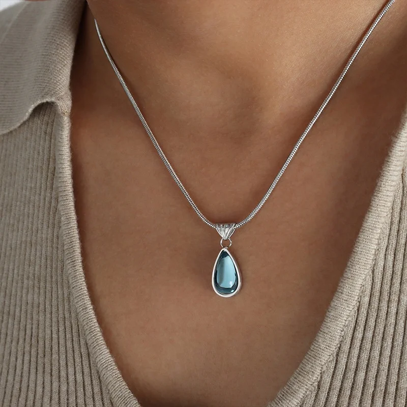 Fashion Fine Jewelry Necklace Stainless Steel Water Drop Green Blue Glass Stone Pendants Chain Waterproof Necklaces For Women