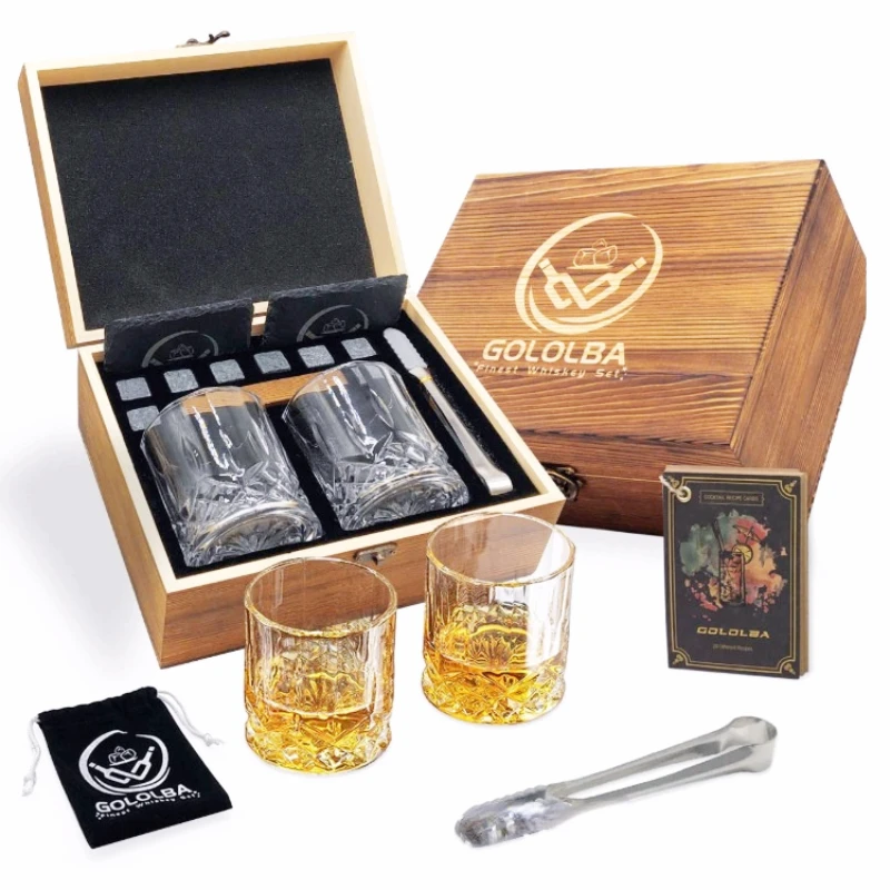 FHbiz Custom Whiskey Rocks Chilling Stones Wooden Box Set with Ice Cube Glasses Coaster